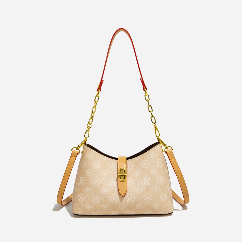 Women's PU Leather Shoulder Bag with Monogram Print, Dune Color - Image 1