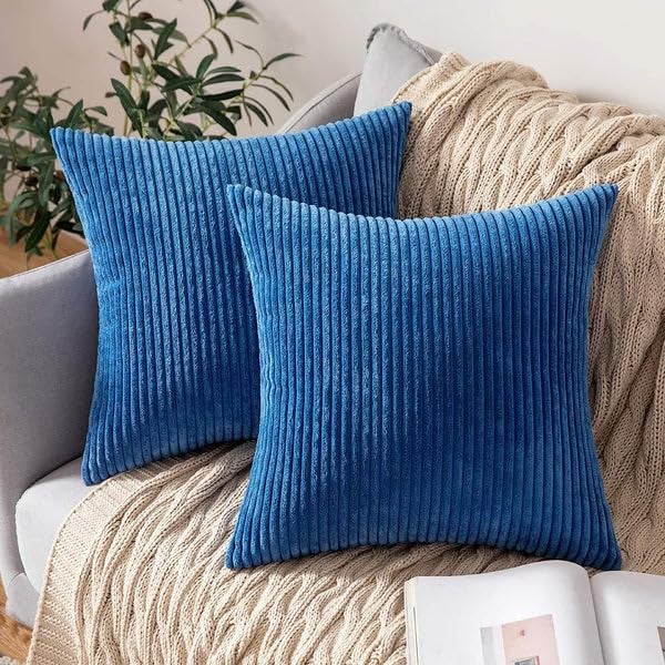 Guffaw / Corduroy/Stripped/Luxury 340 TC Cushion Covers Standard Size 16"X16" Inches (Blue, 5) - Image 1