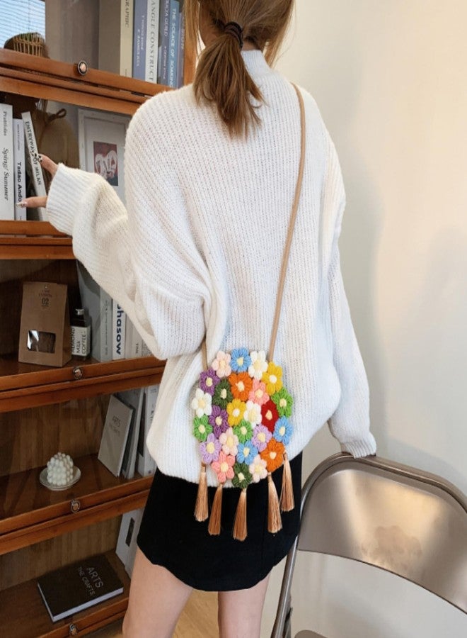 HIPIHOM Women Woven Shoulder Bag, Floral Clutch Magnetic Buckle Flower Purse Crochet Crossbody Bag for Casual Daily Parties Prom (Circle Khaki) - Image 3