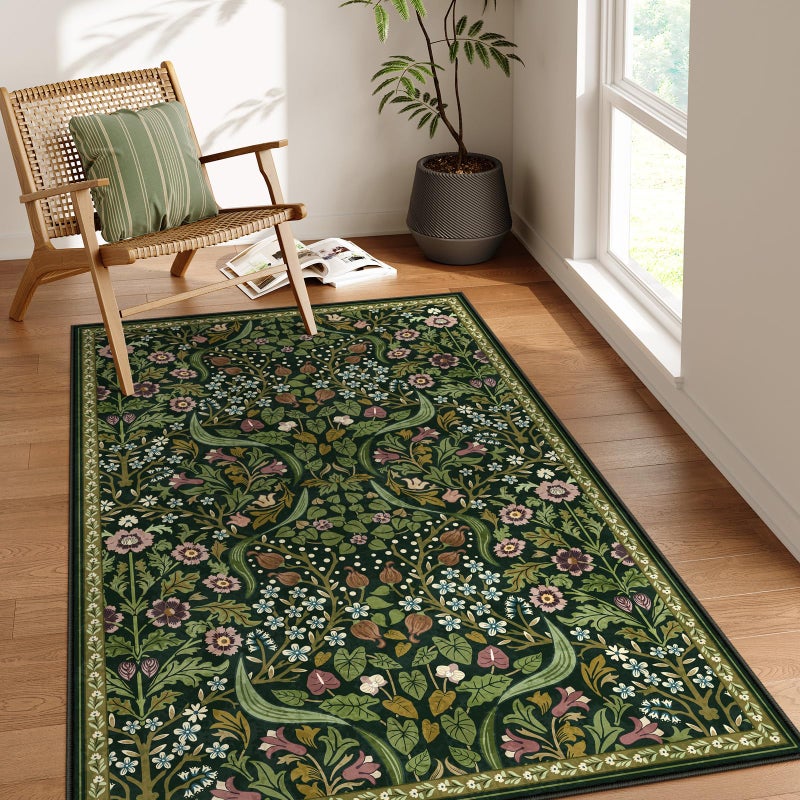 Moynesa Floral Green 4x6 Rug Boho Washable Rugs for Living Room Non Slip Soft Bedroom Area Rug Botanical Ultra Thin Indoor Throw Carpet for Kitchen Entryway Bedside Green