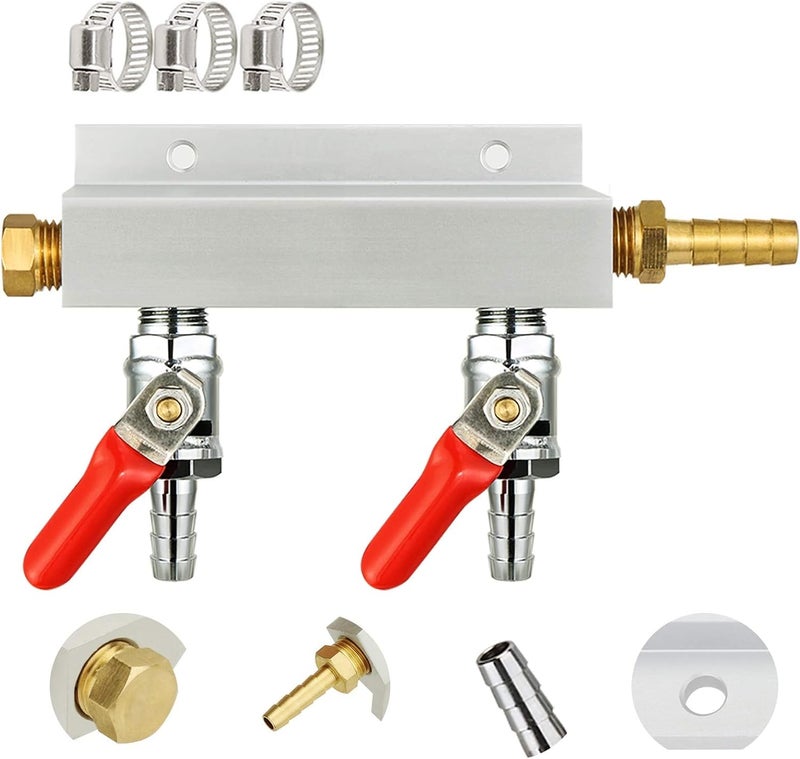 MRbrew Gas Manifold, CO2 Gas Distributor, 5/16'' Barb Fitting Beer Kegerator Splitter, 2-Way Air Distributor with Integrated Check Valves & Hose Clamps - Image 1