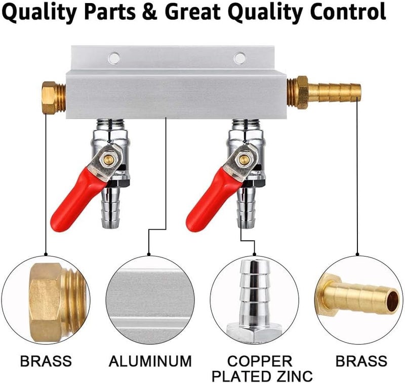 MRbrew Gas Manifold, CO2 Gas Distributor, 5/16'' Barb Fitting Beer Kegerator Splitter, 2-Way Air Distributor with Integrated Check Valves & Hose Clamps - Image 3