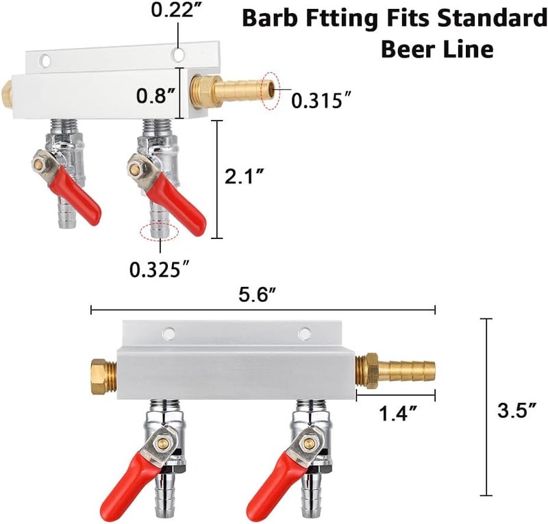 MRbrew Gas Manifold, CO2 Gas Distributor, 5/16'' Barb Fitting Beer Kegerator Splitter, 2-Way Air Distributor with Integrated Check Valves & Hose Clamps - Image 4
