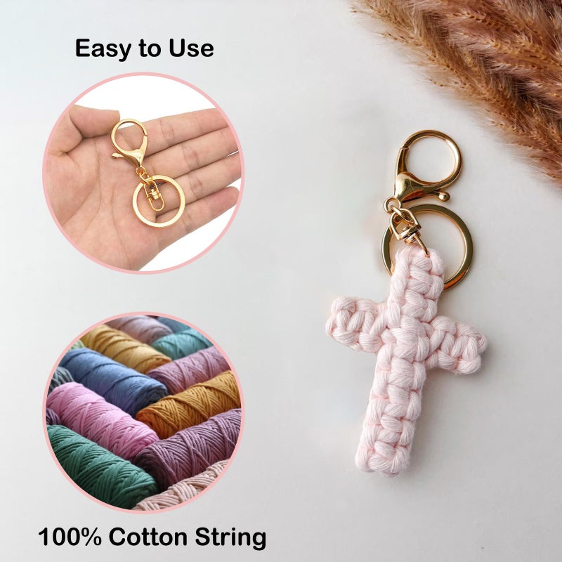 HongEast Macrame Cross Keychain,Jesus Key Chain Christian Car Accessories Handmade Soft Cross Keychain Charm Cute Baptism Faith Inspired Boho Decor for Women Men Religious Gifts(Pink) - Image 2