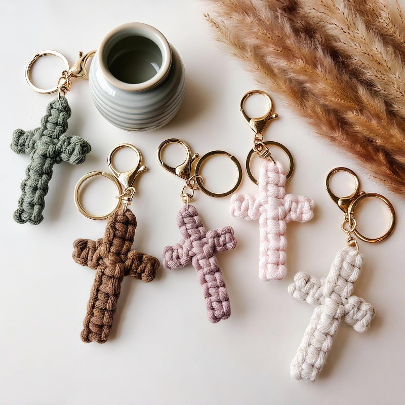 HongEast Macrame Cross Keychain,Jesus Key Chain Christian Car Accessories Handmade Soft Cross Keychain Charm Cute Baptism Faith Inspired Boho Decor for Women Men Religious Gifts(Pink) - Image 3