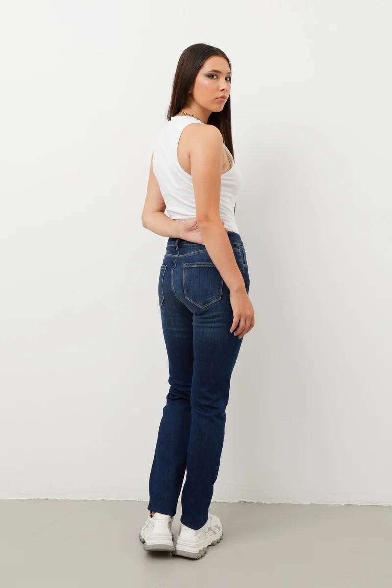 باني جينز Women Mid Waist Straight Slim Fit Jeans Navy Blue