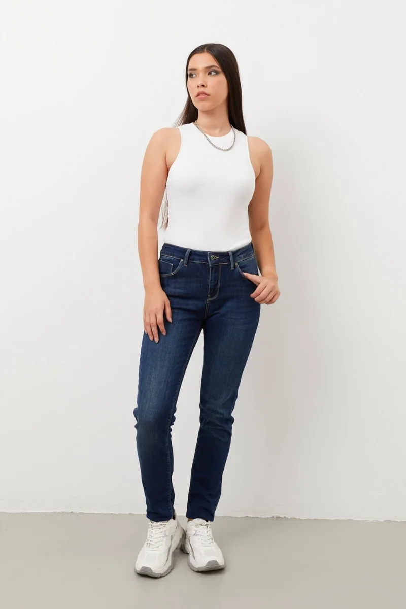 باني جينز Women Mid Waist Straight Slim Fit Jeans Navy Blue