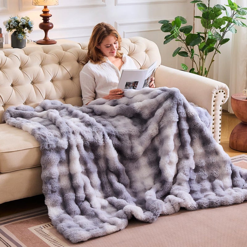 Lotus Karen Lotus Karen King Size Faux Fur Blanket Tie-Dye Gray - Big Bubble Rabbit Fluff Blanket for Bed  Large Fluffy Fuzzy Cozy Blanket  Thick Furry Plush Shaggy Blankets  108x90 Inches  - Image 2