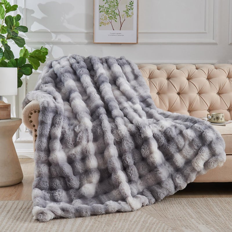 Lotus Karen Lotus Karen King Size Faux Fur Blanket Tie-Dye Gray - Big Bubble Rabbit Fluff Blanket for Bed  Large Fluffy Fuzzy Cozy Blanket  Thick Furry Plush Shaggy Blankets  108x90 Inches  - Image 1