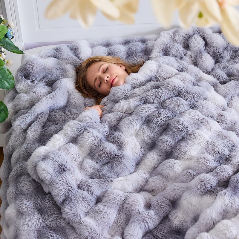 Lotus Karen Lotus Karen King Size Faux Fur Blanket Tie-Dye Gray - Big Bubble Rabbit Fluff Blanket for Bed  Large Fluffy Fuzzy Cozy Blanket  Thick Furry Plush Shaggy Blankets  108x90 Inches  - Image 3