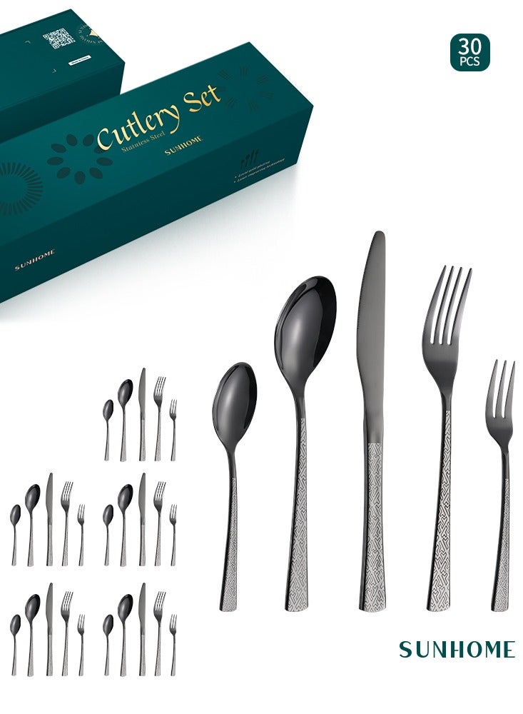 Sunhome 30 Piece Cutlery Set Black Stainless Steel Tableware Dishwasher Safe Mirror Polished Cutlery Set Perfect for Home Dining and Entertaining - Image 1