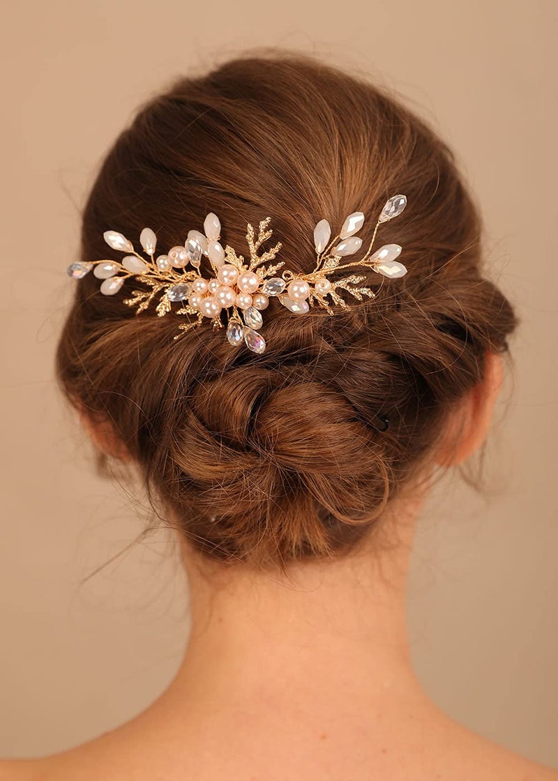 Denifery Crystal and Perls Bridal Hair Comb Gold Leaves and Pearls Hair Comb Bridal Hair Accessories Bridal Hair Comb Wedding Hair Accessories