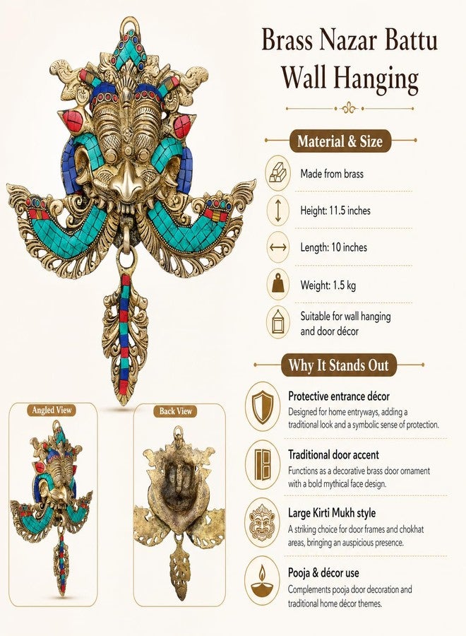 Kartique Brass Nazar Battu for Home Entrance Evil Eye Protector Door Knocker with Multicolor Stone Work, 11.5 Inch Height - Image 4