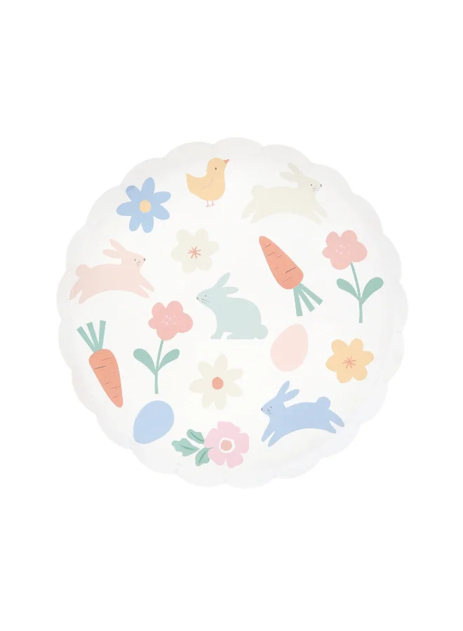 Easter Icons Side Plates - Pack of 8, 450gsm Paper Plates with Bunnies, Chicks, Carrots and Flowers in Soft Spring Colors, Stylish Party Tableware for Easter Celebrations & Gatherings