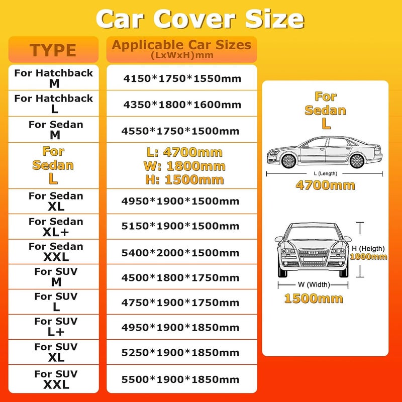 YSOAE Car Cover Waterproof, Hatchback/Sedan/SUV All Weather for Automobiles, Full Exterior Covers with Zipper Cotton, Outdoor Sun Snow Protection Universal (For Sedan L) - Image 3