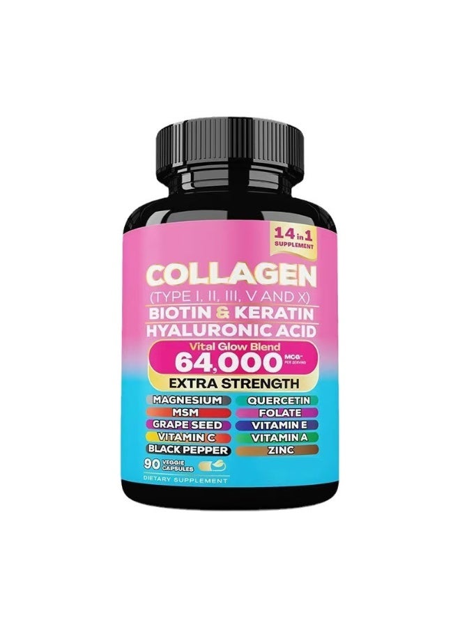Collagen Collagen Supplement Type I II III V X Biotin Keratin Hyaluronic Acid MSM Hair Growth Skin Vitamin A Vitamin C Vitamin E (90 Caps) - Image 1