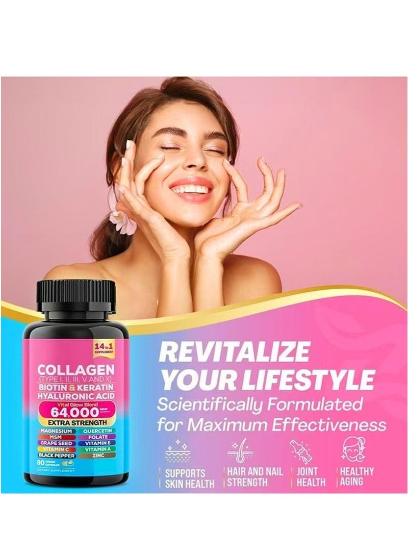 Collagen Collagen Supplement Type I II III V X Biotin Keratin Hyaluronic Acid MSM Hair Growth Skin Vitamin A Vitamin C Vitamin E (90 Caps) - Image 2