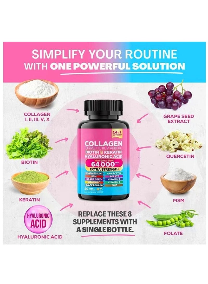 Collagen Collagen Supplement Type I II III V X Biotin Keratin Hyaluronic Acid MSM Hair Growth Skin Vitamin A Vitamin C Vitamin E (90 Caps) - Image 3