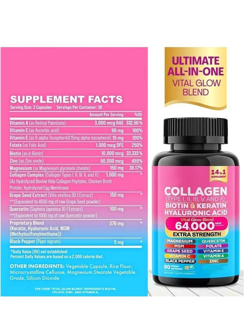 Collagen Collagen Supplement Type I II III V X Biotin Keratin Hyaluronic Acid MSM Hair Growth Skin Vitamin A Vitamin C Vitamin E (90 Caps) - Image 5