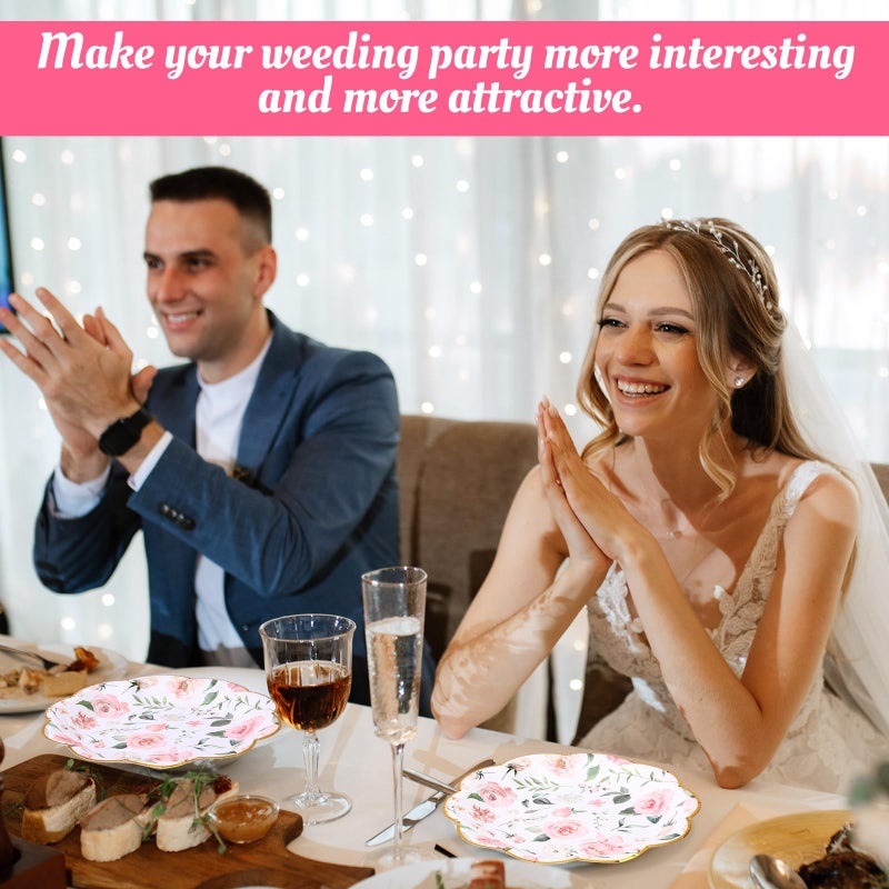 Funnymoom 100 Pcs Pretty Floral Paper Plates 7 Inches Flower Decorative Disposable Dinner Plates Party Plates Garden Decorations for Tea Party Birthday Bridal Wedding Baby Shower (Pink Floral) - Image 3