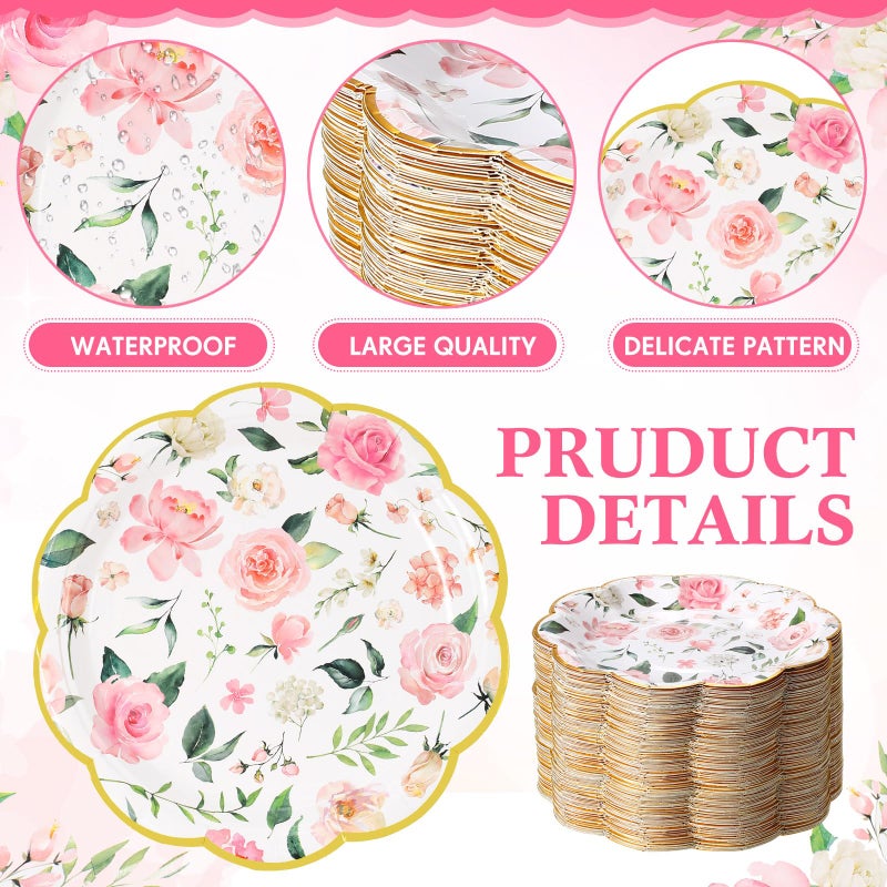 Funnymoom 100 Pcs Pretty Floral Paper Plates 7 Inches Flower Decorative Disposable Dinner Plates Party Plates Garden Decorations for Tea Party Birthday Bridal Wedding Baby Shower (Pink Floral) - Image 2