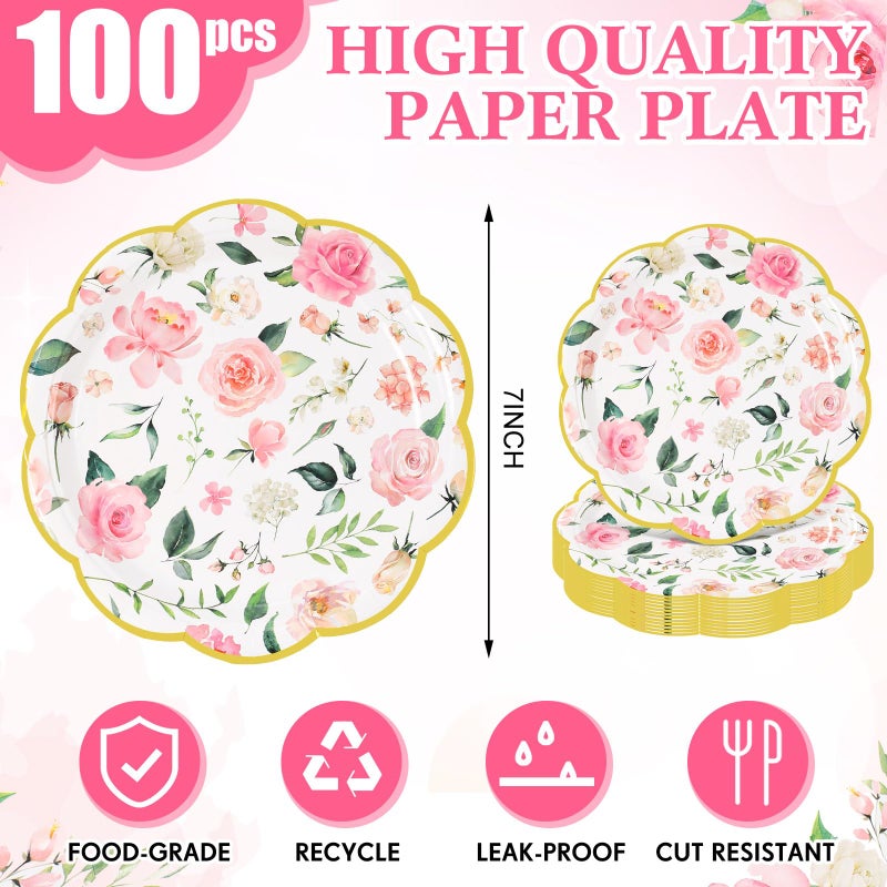 Funnymoom 100 Pcs Pretty Floral Paper Plates 7 Inches Flower Decorative Disposable Dinner Plates Party Plates Garden Decorations for Tea Party Birthday Bridal Wedding Baby Shower (Pink Floral) - Image 1