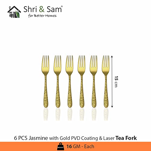 Shri & Sam Stainless Steel Jasmine Gold PVD Coating with Laser Tea Fork,6 Pieces - Image 2