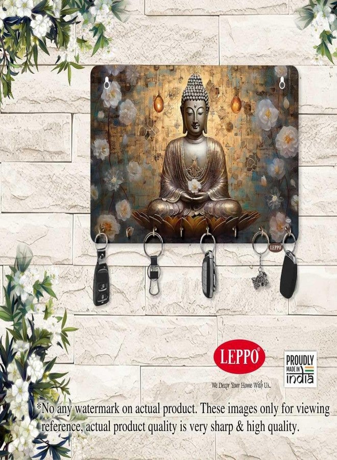 LEPPO Key Holder for Home Decor | Wooden Key Stand for Wall | Printed Lord Buddha Keys Hanger Dl299 (15 x 23 cm) 8 Hooks - Image 2