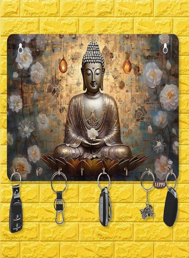 LEPPO Key Holder for Home Decor | Wooden Key Stand for Wall | Printed Lord Buddha Keys Hanger Dl299 (15 x 23 cm) 8 Hooks - Image 1