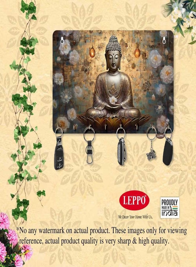 LEPPO Key Holder for Home Decor | Wooden Key Stand for Wall | Printed Lord Buddha Keys Hanger Dl299 (15 x 23 cm) 8 Hooks - Image 3