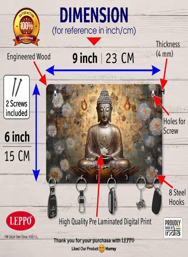 LEPPO Key Holder for Home Decor | Wooden Key Stand for Wall | Printed Lord Buddha Keys Hanger Dl299 (15 x 23 cm) 8 Hooks - Image 5