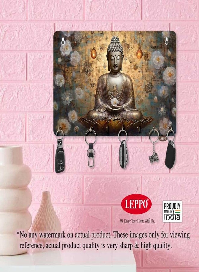 LEPPO Key Holder for Home Decor | Wooden Key Stand for Wall | Printed Lord Buddha Keys Hanger Dl299 (15 x 23 cm) 8 Hooks - Image 4