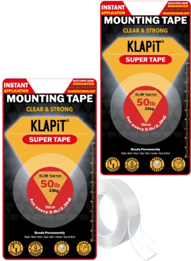 KLAPiT KLAPiT SUPER TAPE Double Sided, Heavy Duty Mounting Tape Holds 50 Pounds or 23Kg Weight Using Enhanced Nano Technology. Clear Tape for Wall, Wood, Tile, Stone, Glass, Metal and Acrylic 2pc Pack  - Image 1