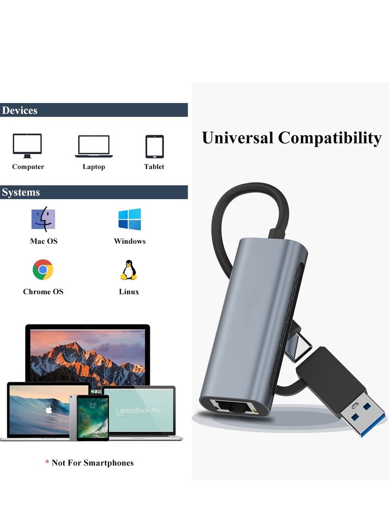 USB to 2.5G Ethernet Adapter, 2-in-1 USB C/USB 3.0 Ethernet Adapter for Laptop Compatible, USB-C to RJ45 Network Converter, Thunderbolt 4/3 Compatible, for Windows, Mac OS, iPad OS and More - Image 3