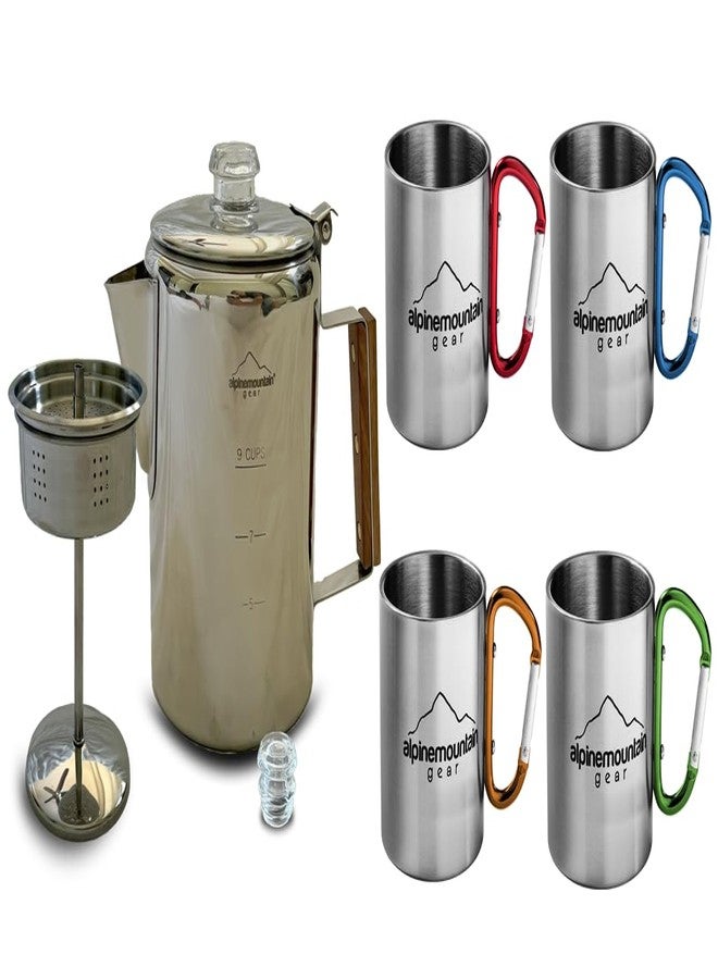Alpine Mountain Gear 9-Cup Coffee Percolator Set with 4 Mugs - Stainless Steel Camping Coffee Pot, Stovetop Percolator Coffee Maker for Home & Outdoor Use - Image 2