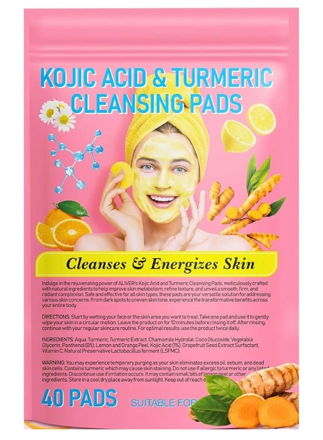 MOSH 40Pcs Kojic Acid & Turmeric Cleansing Pads for Dark Spots Turmeric Kojic Acid Cleansing Pads Helps Balance Skin Oil & Water Fade Spot Remove Excess Keratin Clean Oil Kojic Acid Pads - Image 1