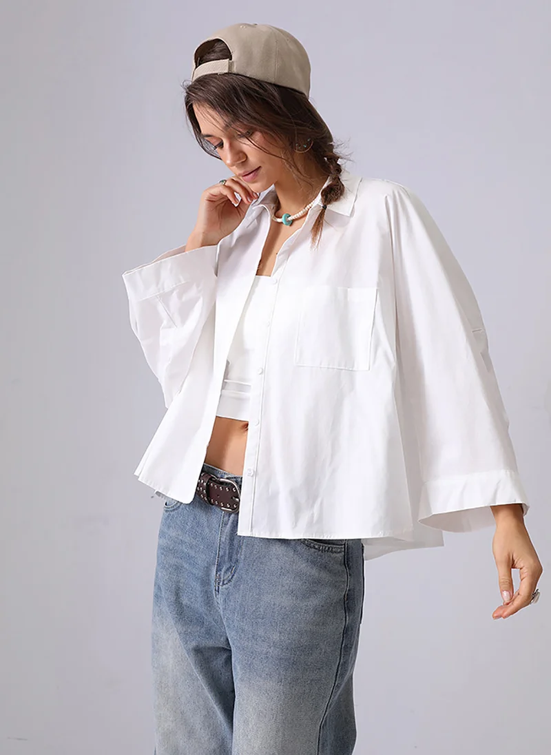 يونيكي White Spread Collar Kimono Sleeves Relaxed Fit Shirt