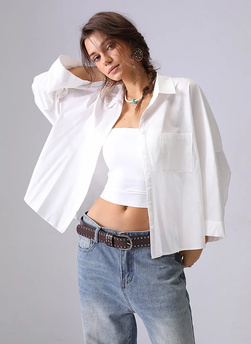 يونيكي White Spread Collar Kimono Sleeves Relaxed Fit Shirt
