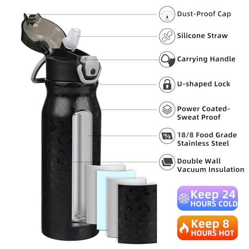 BJPKPK 25oz Insulated Water Bottle with Straw Stainless Steel Double Wall Water Bottles BPA Free Leak Proof Thermal Flask with Lockable Flip Lid and Soft Silicone SpoutBlack Leopard - Image 3
