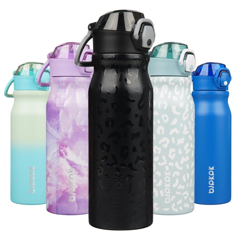 BJPKPK 25oz Insulated Water Bottle with Straw Stainless Steel Double Wall Water Bottles BPA Free Leak Proof Thermal Flask with Lockable Flip Lid and Soft Silicone SpoutBlack Leopard - Image 2