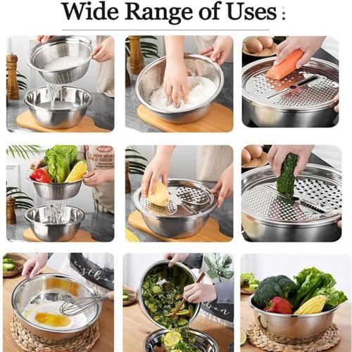 DqsWko Germany Multifunctional Stainless Steel Basin,Multifunction Stainless Steel Basin with Grater 3 in 1 Vegetable Cutter for Kitchen, Vegetable Slicer Grater Strainer and Drain Basket(10.2) - Image 2