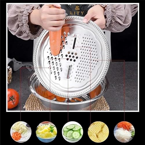 DqsWko Germany Multifunctional Stainless Steel Basin,Multifunction Stainless Steel Basin with Grater 3 in 1 Vegetable Cutter for Kitchen, Vegetable Slicer Grater Strainer and Drain Basket(10.2) - Image 3
