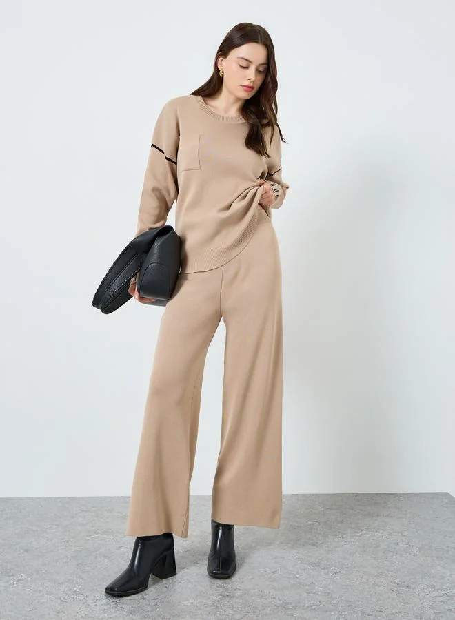 Styli Cuffed Stripes Front Pocket Crew Neck Drop Shoulder Sweater and Loose Fit Pants Set