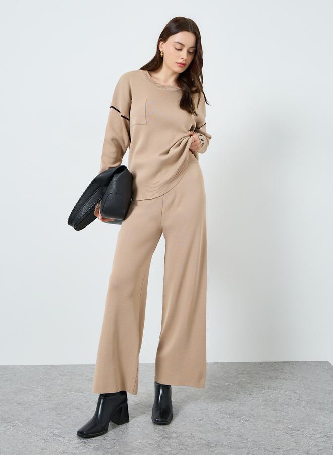 ستايلي طقم سترة بياقة مستديرة وأكمام واسعة وبنطلون واسع بجيوب أمامية مخططة - Image 2