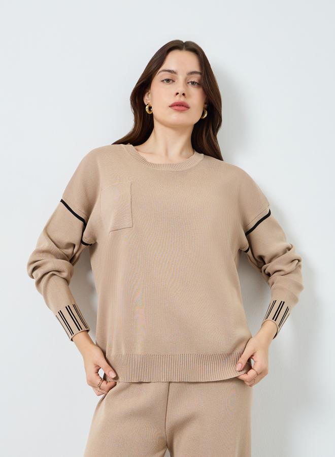 ستايلي طقم سترة بياقة مستديرة وأكمام واسعة وبنطلون واسع بجيوب أمامية مخططة - Image 3