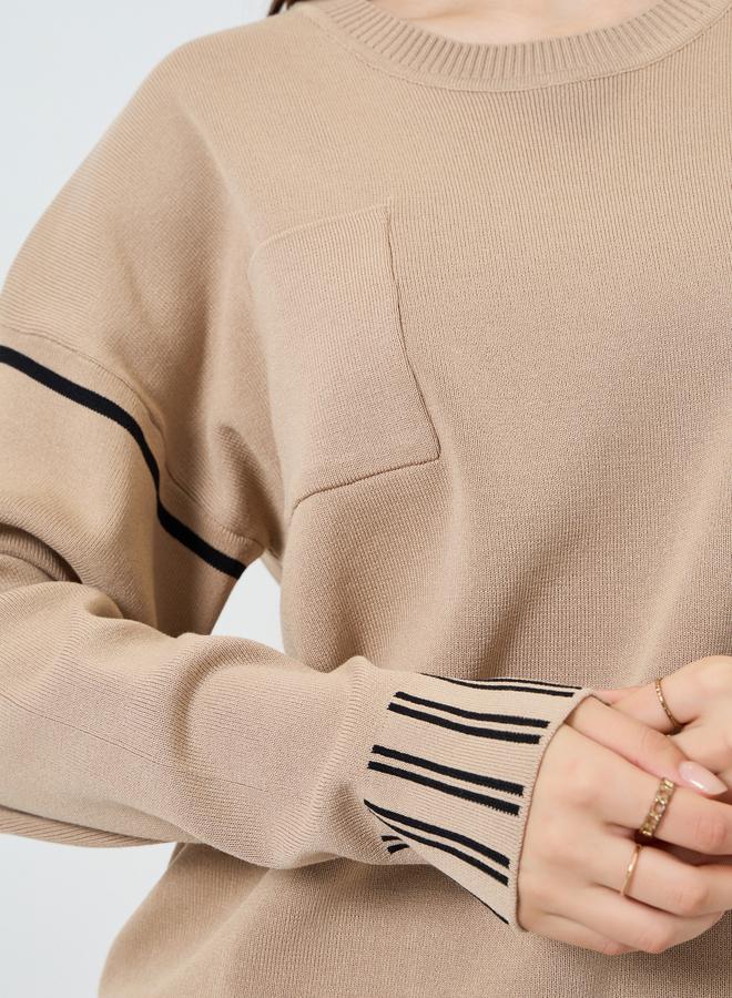 ستايلي طقم سترة بياقة مستديرة وأكمام واسعة وبنطلون واسع بجيوب أمامية مخططة - Image 4