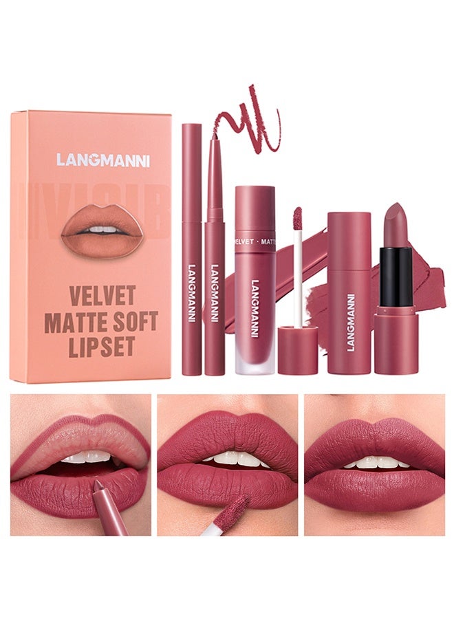 LANGMANNI Velvet Matte Soft Lipset, 3 in 1 Matte Soft Lip Set Lip Liner Liquid Lip Gloss And Lipstick Combo Set Soft Smooth Natural Lip Contour Set Waterproof And Long Lasting Effect All in One Lip Makeup Gift #05 - Image 1