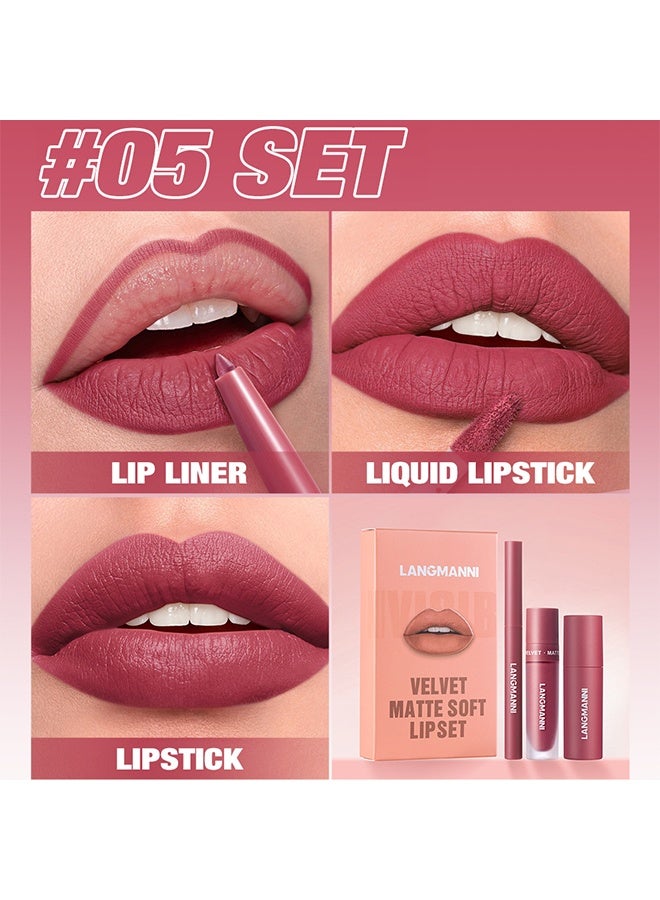 LANGMANNI Velvet Matte Soft Lipset, 3 in 1 Matte Soft Lip Set Lip Liner Liquid Lip Gloss And Lipstick Combo Set Soft Smooth Natural Lip Contour Set Waterproof And Long Lasting Effect All in One Lip Makeup Gift #05 - Image 2