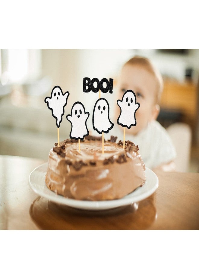 Moitkptt 24 Pack Glitter Halloween Ghost Cupcake Toppers - Baby Shower Decor Gender Reveal Decorations (Black) - Image 3