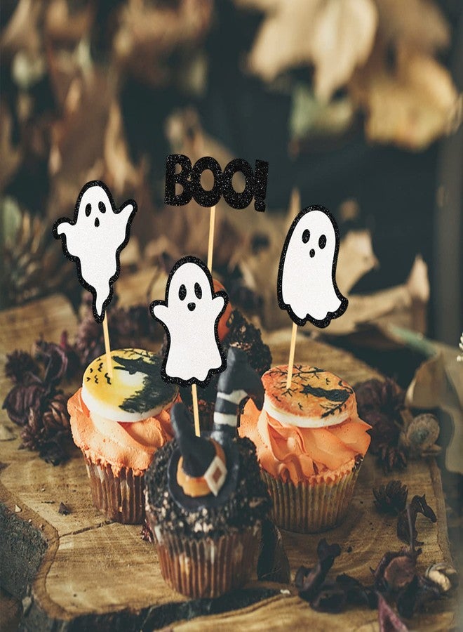 Moitkptt 24 Pack Glitter Halloween Ghost Cupcake Toppers - Baby Shower Decor Gender Reveal Decorations (Black) - Image 4